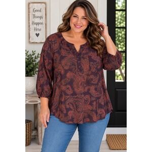 Premise Studio 3X Paisley Blouse Purple Orange Boho 3/4 Sleeve Plus Size